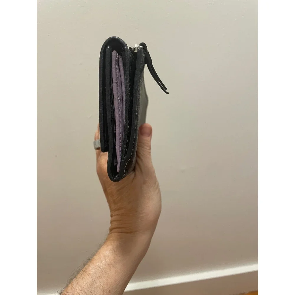 Coach Black Leather Wallet Slim Envelope Lavender Interior Contrast Stitch